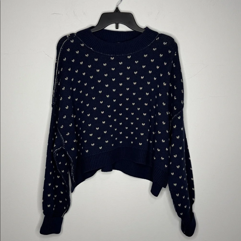 FREE PEOPLE Easy Street Patterened Crop Pullover / Navy Combo NWT